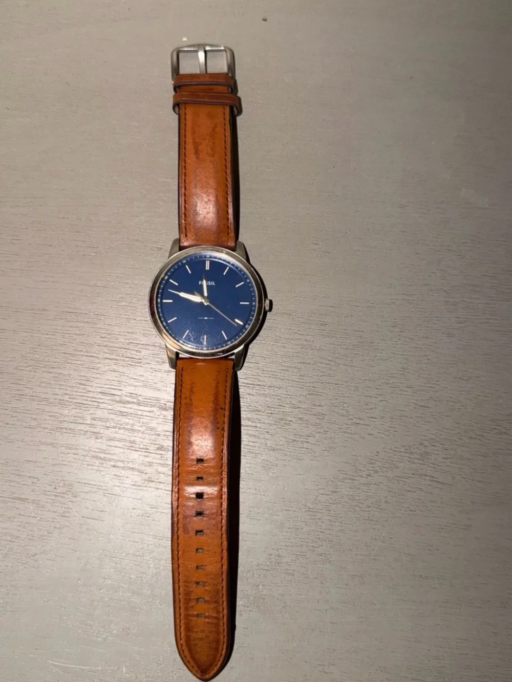 Fossil Men’s Blue Dial Watch with Brown Leather Strap